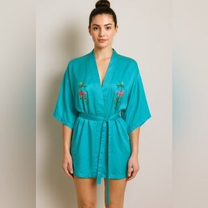 Vintage Golden Dragon Turquoise Blue 100% Silk Kimono Robe Embroidered Floral L